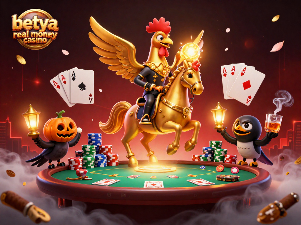 Engage in thrilling games at betya real money casino with a mystical casino illustration featuring poker elements.