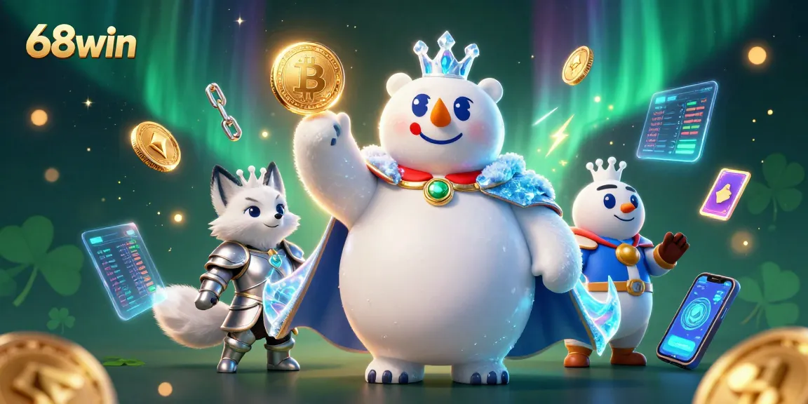 Engage with 68win's vibrant gaming universe through a dynamic 3D illustration showcasing crypto elements and exciting casino adventures.