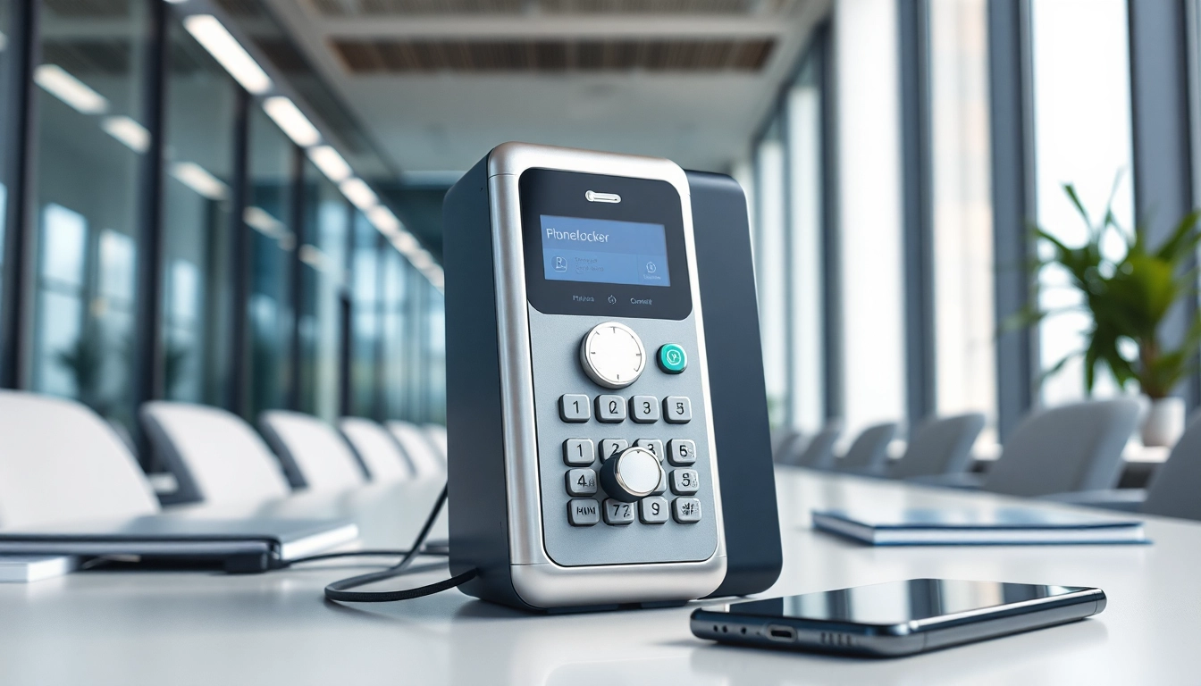 Phonelocker device showcased in a modern office setting, emphasizing connectivity and design.