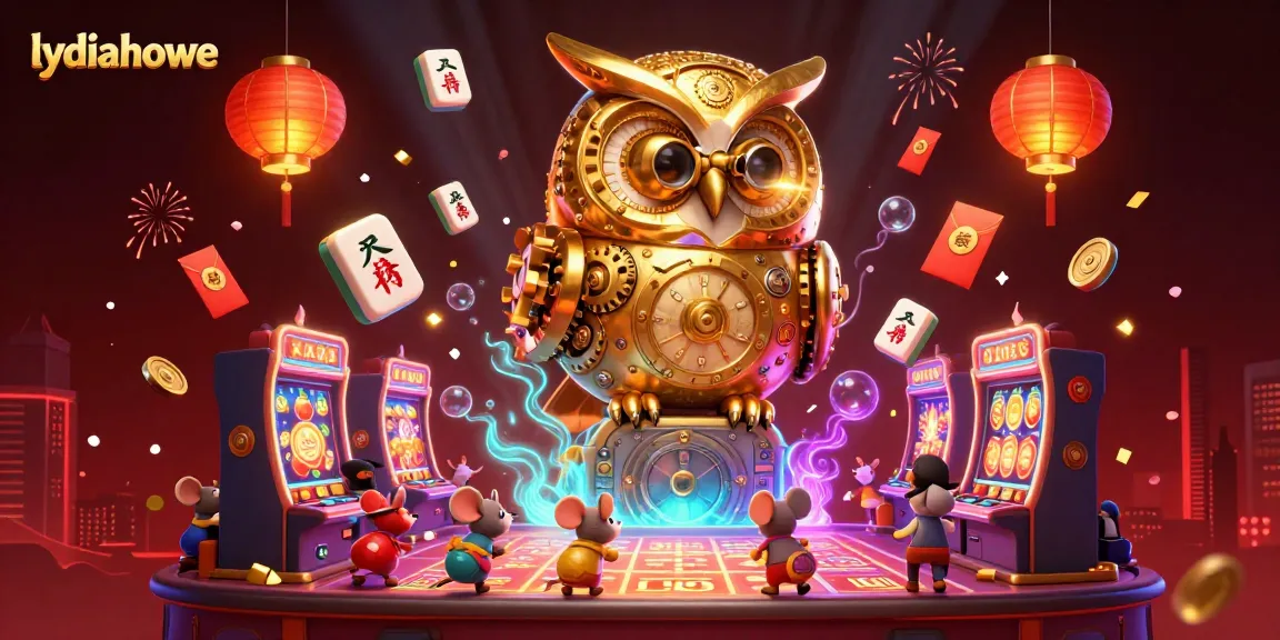 Lydiahowe showcases a clockwork golden owl scanning a vibrant casino scene filled with action and lively gaming elements.