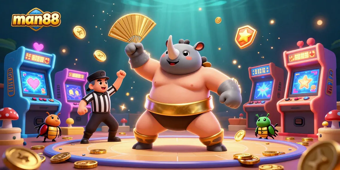 Engage with man88's thrilling gambling scene featuring a vibrant cartoon sumo champion beetle.