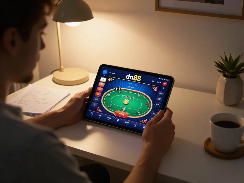 Engaging moment with player using app dn88 for online gaming at home, displaying poker interface on tablet.
