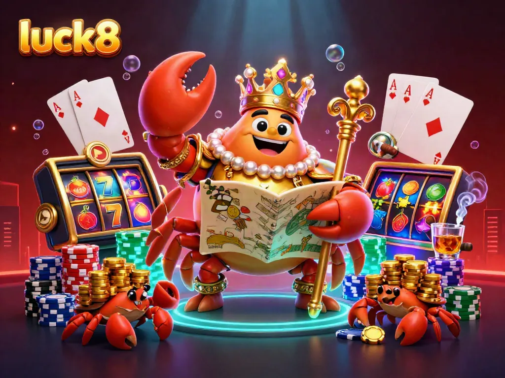Experience the luck8 casino adventure with a golden crab emperor surrounded by vibrant slot reels and poker elements.