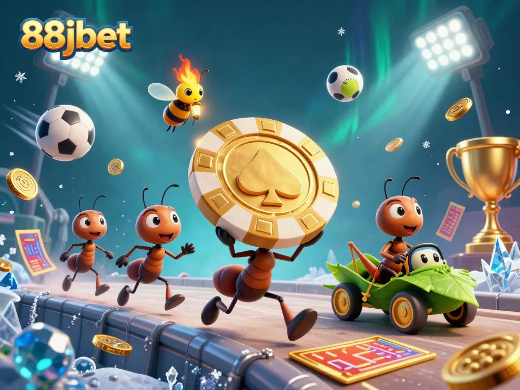 Engaging 3D scene of 88jbet's playful heist by ants, showcasing vibrant sports and casino elements.