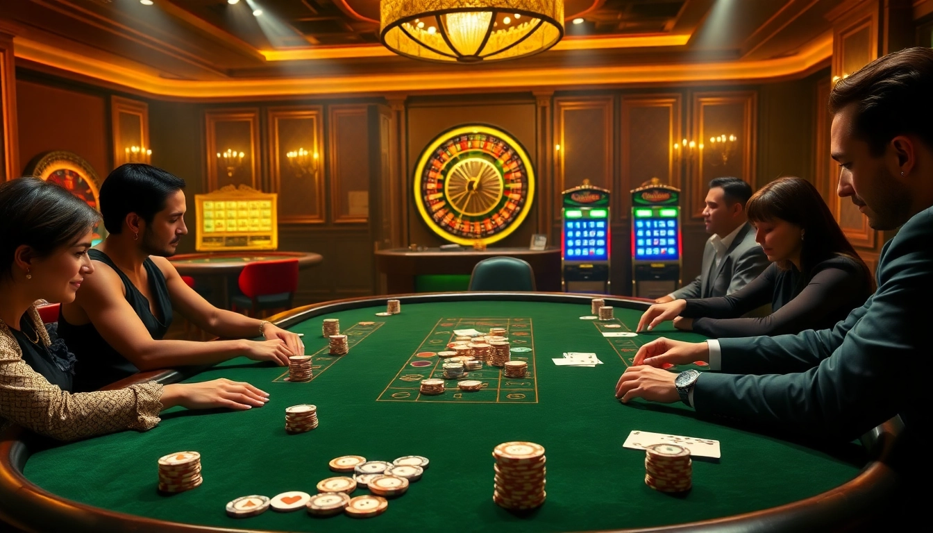 Players enjoy an exhilarating game at the Go8 casino table, immersed in high-stakes poker action.