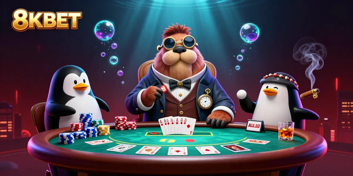 Engage with 8KBET's underwater poker scene featuring whimsical characters in a vibrant casino atmosphere.