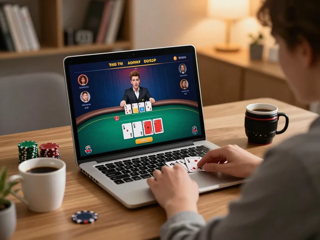 77WIN online poker table scene showing player insights and strategy analysis in a home setup.