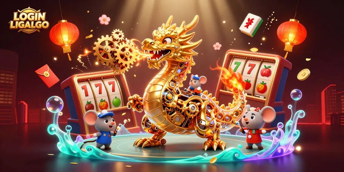 Engage with the thrill of LOGIN LIGALGO slots, featuring a golden dragon and dynamic casino elements.