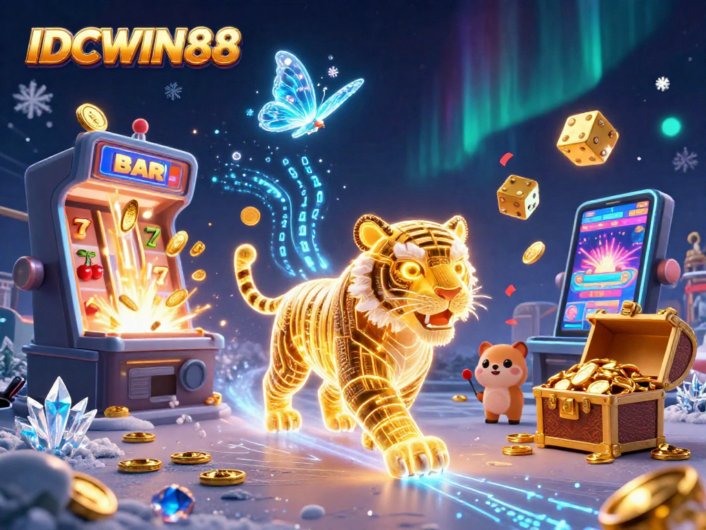 Experience the excitement of IDCWIN88 in this vibrant 3D casino scene featuring a glowing tiger and slot machines.