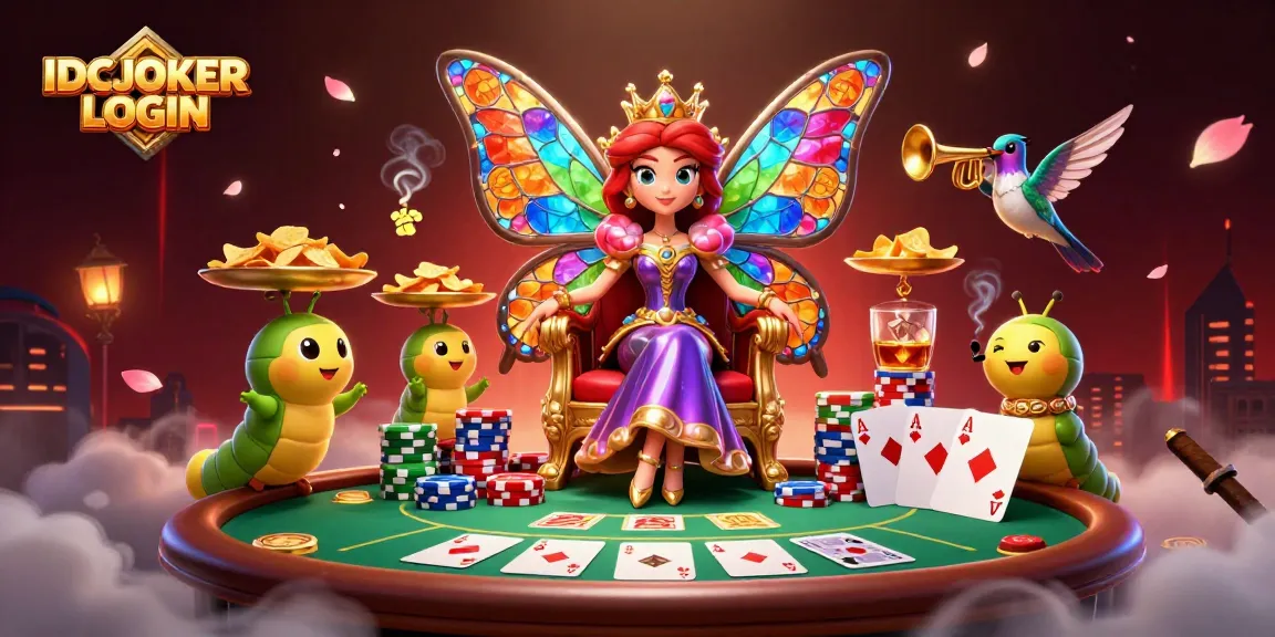 IDCJOKER LOGIN showcases a dynamic casino scene with a butterfly queen and poker elements, emphasizing vibrant gameplay.