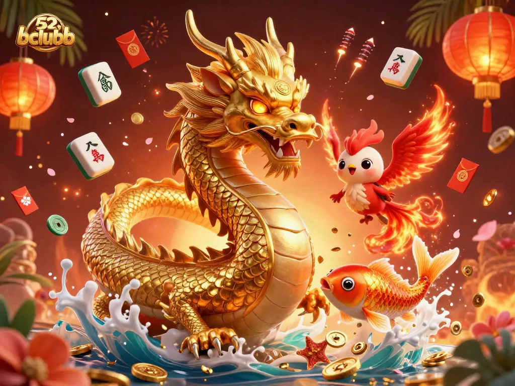 Engage with b52clubb's vibrant gaming scene, featuring a dragon, phoenix, and koi fish in a curated casino illustration.