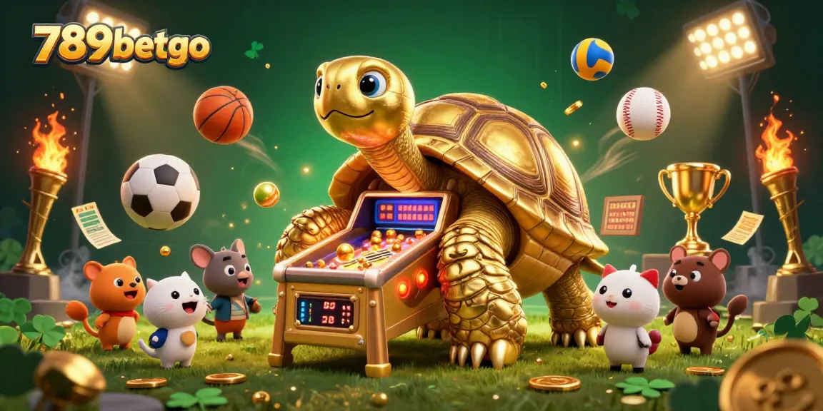 Experience thrilling gameplay with 789betgo, where a golden tortoise pinball machine dazzles amid sports excitement and betting slips.