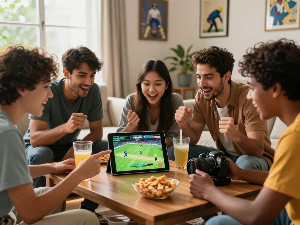 Friends engaged in cricket betting on Crickex during a match, lively atmosphere.