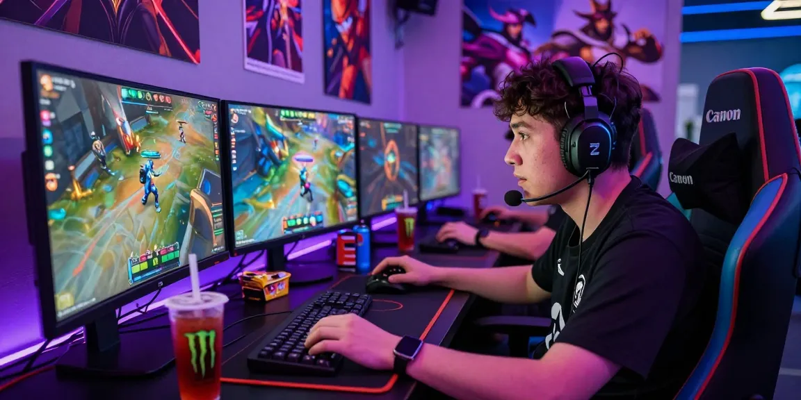 Gamer using Overwatch 2 Cheat techniques in an intense esports environment, showcasing multiple monitors and focused atmosphere.