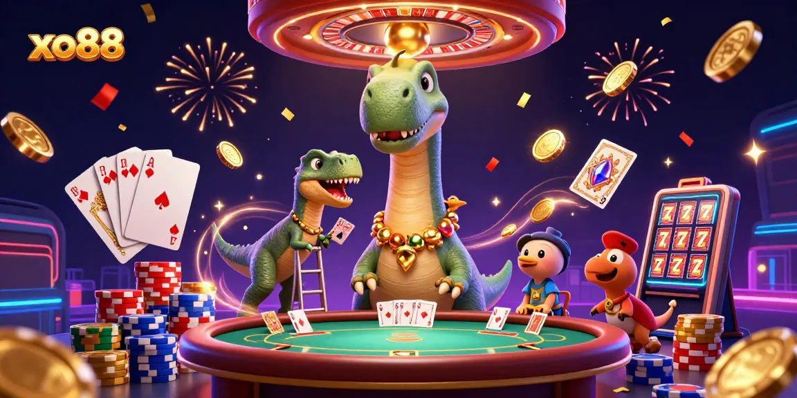 Experience excitement at xo88 with a towering brontosaurus and thrilling casino game elements!