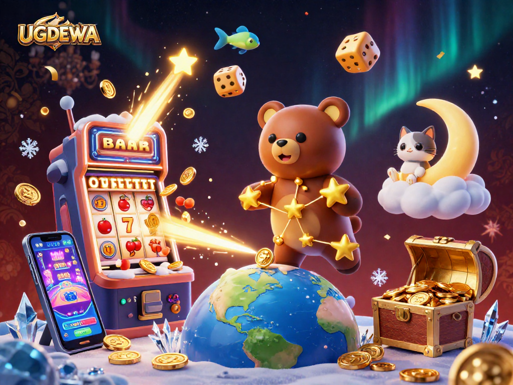 UGDEWA showcases a vibrant 3D digital scene with characters and casino elements symbolizing gambling excitement.