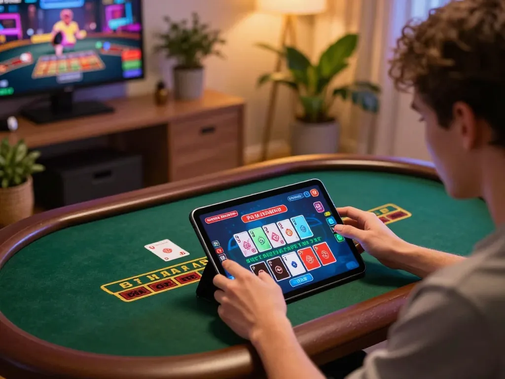 33winn player engaging in responsible online blackjack gaming on a tablet in a stylish home setup
