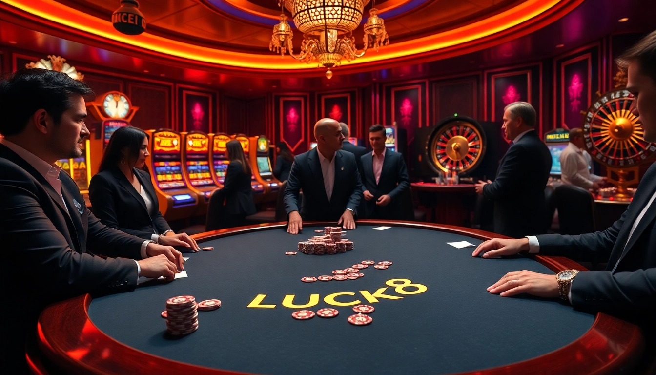 Players engage at the poker table in LUCK8 casino, surrounded by vibrant slot machines and roulette wheel.