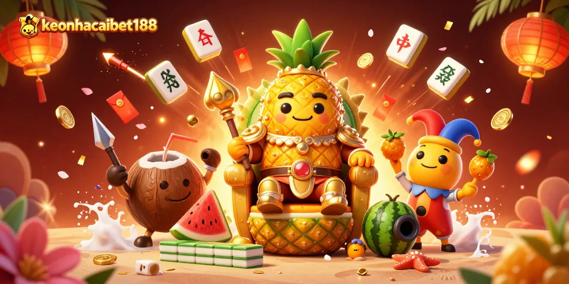 Experience vibrant excitement with keonhacaibet188's dynamic casino scene featuring a golden pineapple king and lively game elements.