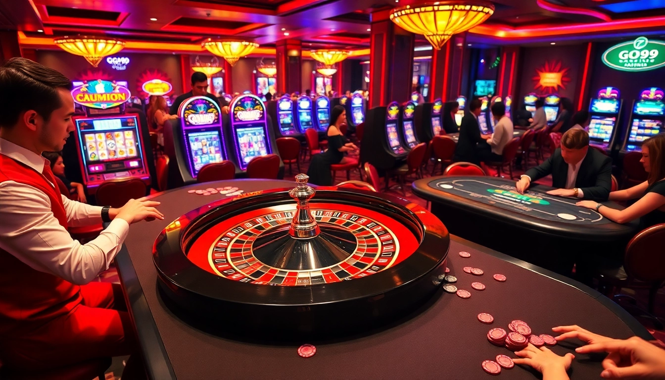 Go99 casino scene with players at roulette and slot machines in an exciting, luxurious atmosphere.