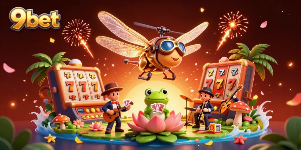 Experience thrilling casino action with 9bet's dynamic, vibrant 3D casino scene featuring unique characters and elements.