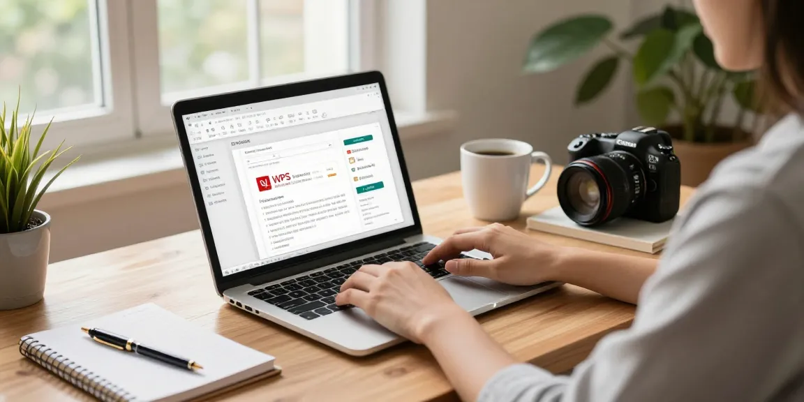 Download WPS Office showcased in a stylish home office with diverse documents and bright natural lighting.