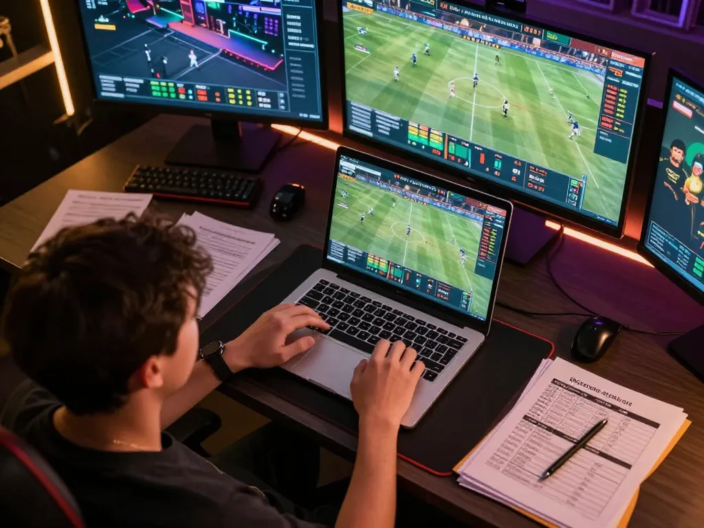 Place strategic bets on rik vip while using laptop to navigate live sports events and odds.