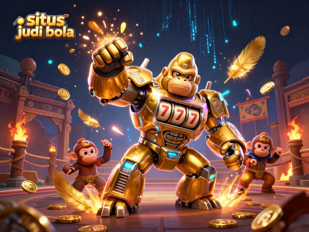 Experience situs judi bola with a dynamic scene of an exciting golden mech and betting elements.