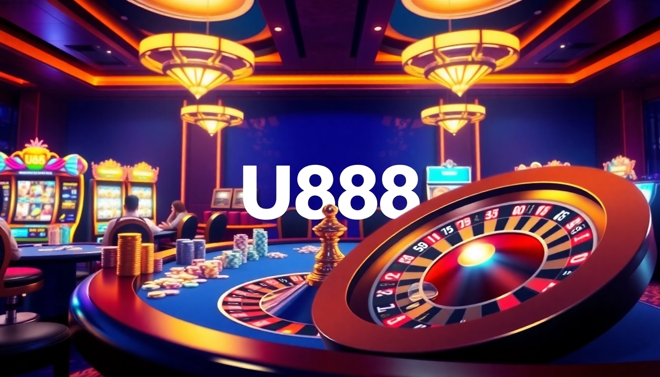Engage in thrilling gameplay at U888's luxurious poker table with vibrant chips and exciting slot machines.