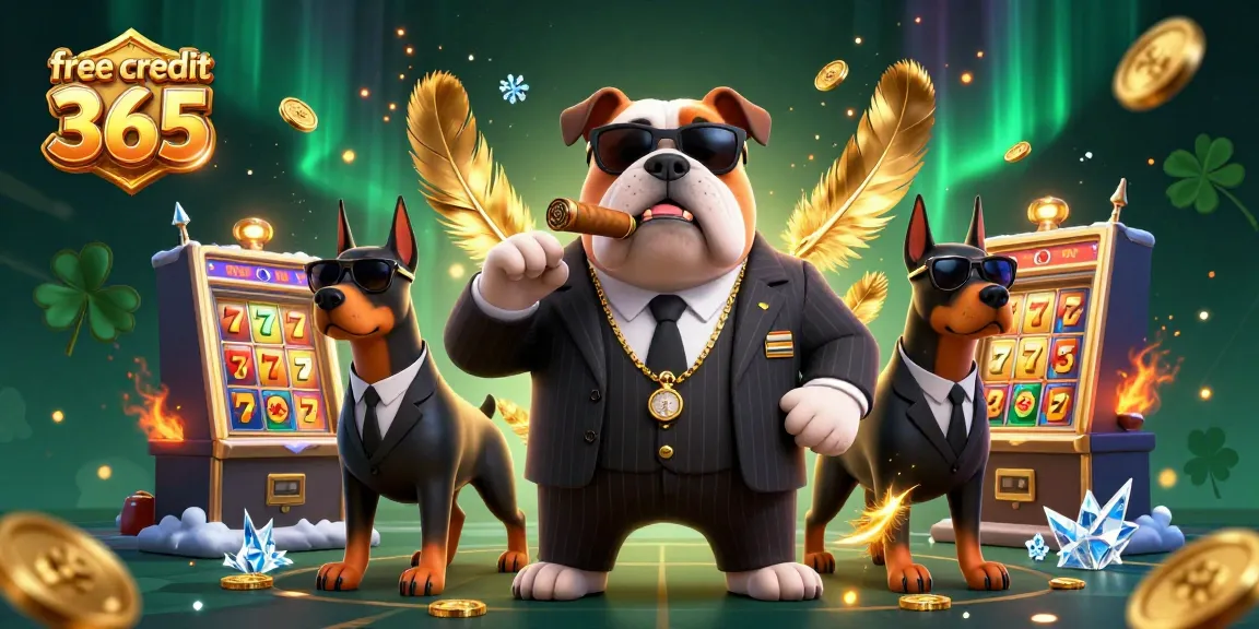 Engage with exciting slot action featuring a mafia bulldog and bodyguard Dobermans under "free credit 365" branding amidst gold coins.