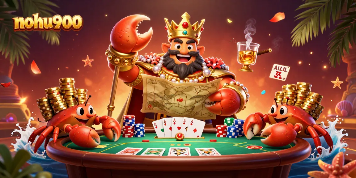 Join the fun at nohu900 with a golden crab emperor overseeing a vibrant poker scene.