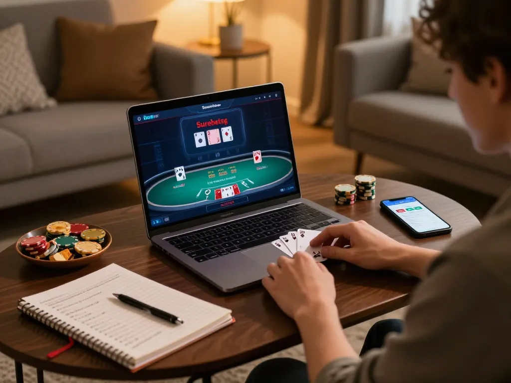 Engaging in online poker with the Surebetsg app on a laptop in a cozy gaming setup.