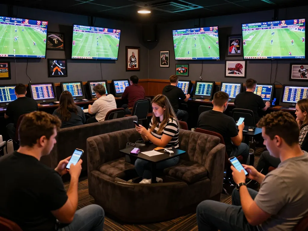 Betting enthusiasts analyze odds and place bets at a lively sports lounge, enhancing their tylekeo experience