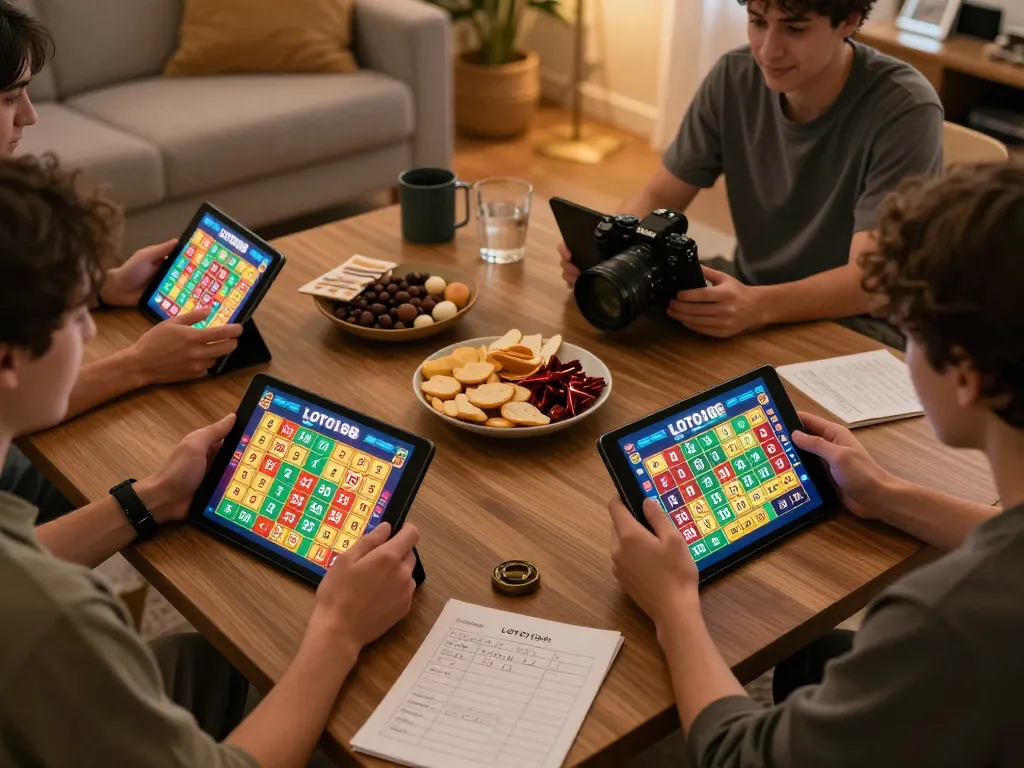 Players enjoying LOTO188 online lottery game on tablets, showcasing bright digital graphics and home comfort.