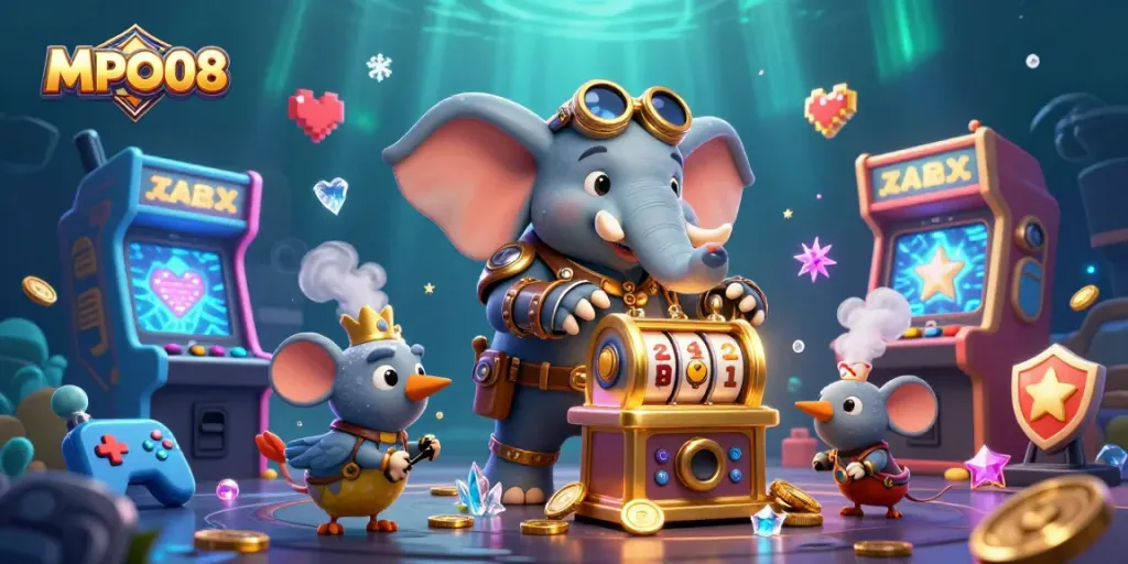 MPO08 provides a vibrant casino experience with a steampunk elephant operating a slot machine amid animated game elements.