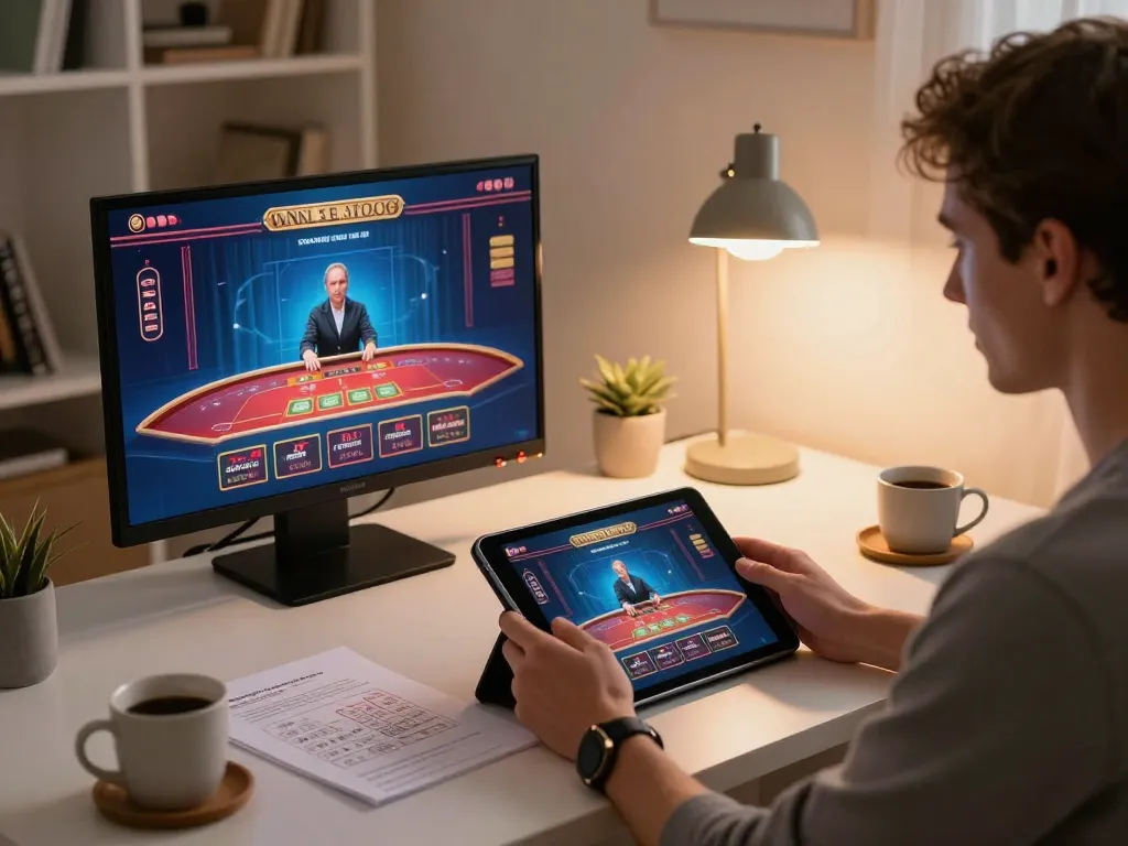 Engaged player utilizing vuabet88 for online casino gaming experience with a live dealer setup