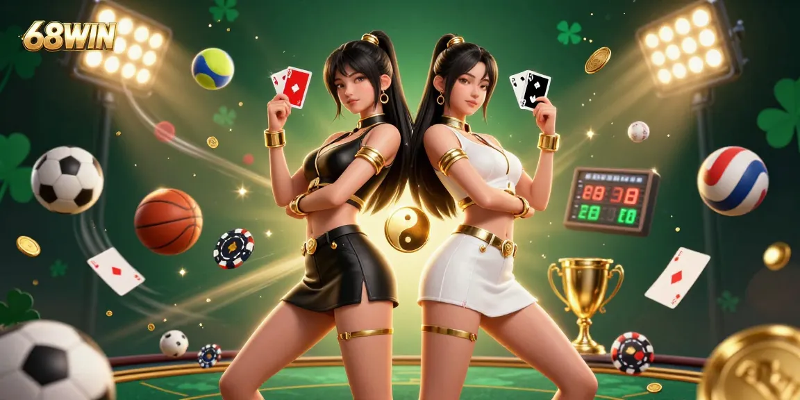 Engage in thrilling gameplay at 68WIN with stunning twin Asian women showcasing cards in a vibrant casino setting.