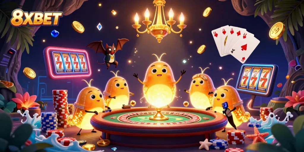 Play at 8XBET's vibrant casino scene, showcasing a dazzling glowworm-themed game atmosphere