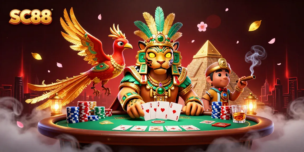 Engage with thriving SC88 poker action featuring a Mayan jaguar priest and vibrant gaming elements.