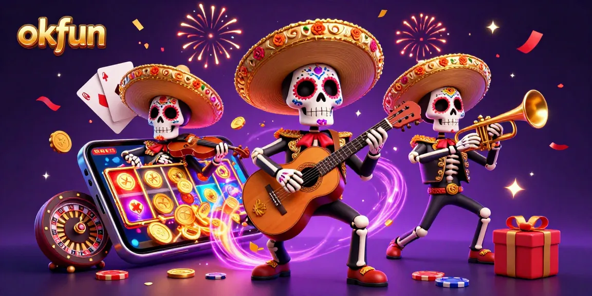Spin colorful slot games with okfun while enjoying vibrant mariachi celebration in 3D illustration.