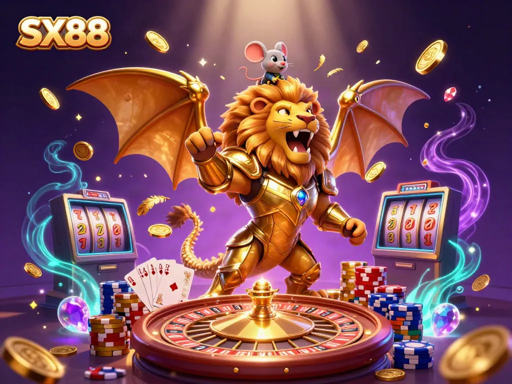 Experience the excitement of SX88 with a triumphant chimera and vibrant casino elements.