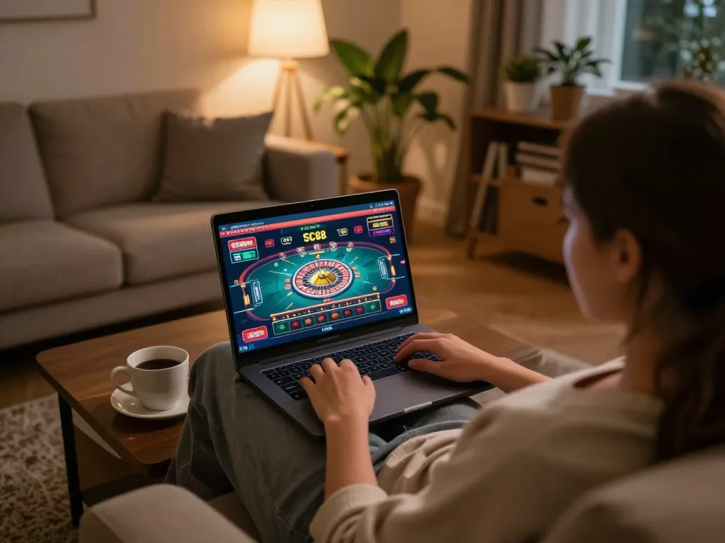 Player enjoying SC88 online casino experience on a laptop in a cozy living room setting.