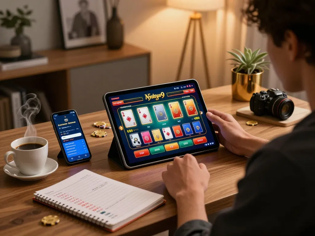 Nyonya9 online gambling scene showcasing player strategy with tablet gaming in stylish home office.