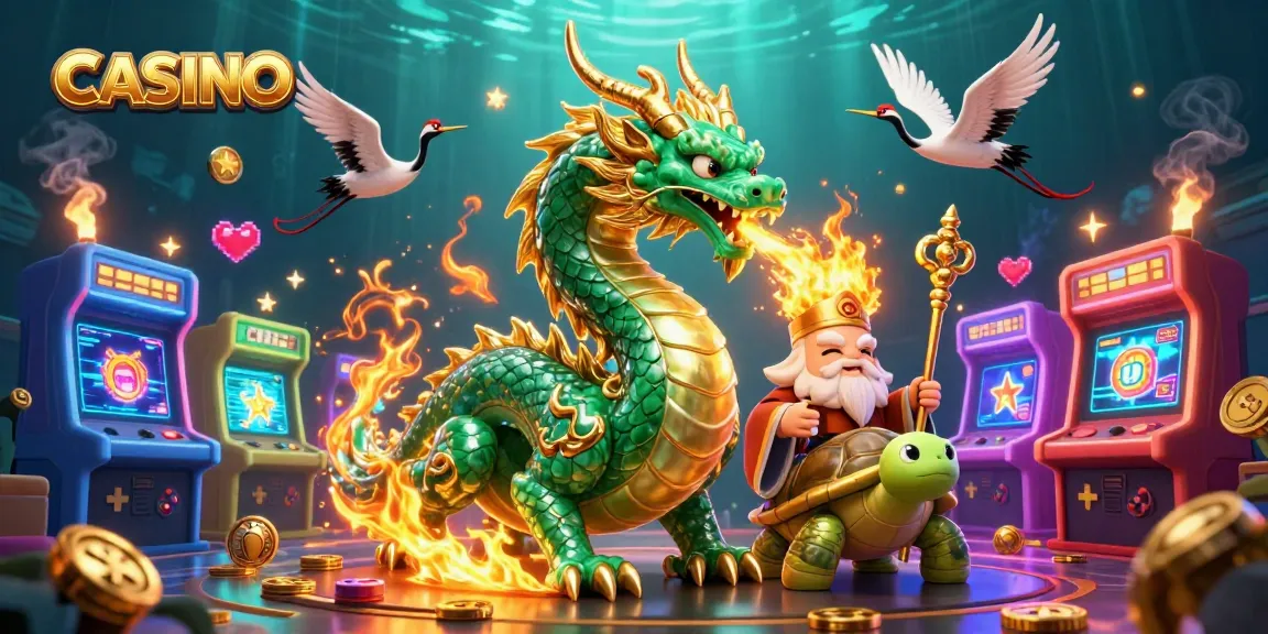 Experience the thrill of a CASINO with a vibrant scene featuring a jade dragon and colorful gaming elements.