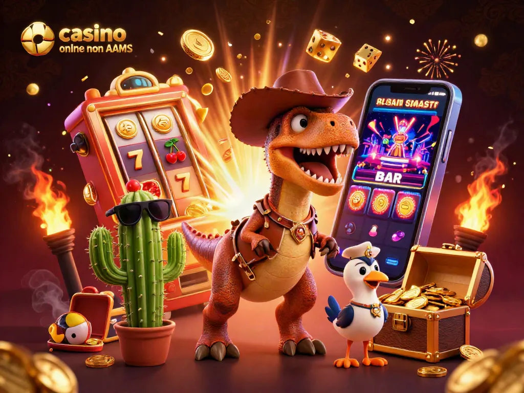 Cattura la magia di un casinò online non AAMS con un dinosauro cowboy e simboli delle slot in un'illustrazione vivace.