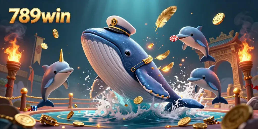 Observe the playful scene of 789win featuring a whale, a narwhal, and dolphins in a dynamic casino setting, amidst gold coins and poker chips.