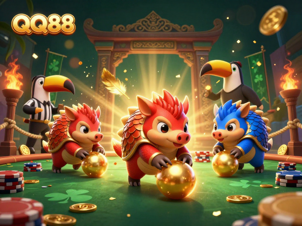 Experience thrilling gameplay at QQ88 with colorful pangolins in a dynamic casino setting.