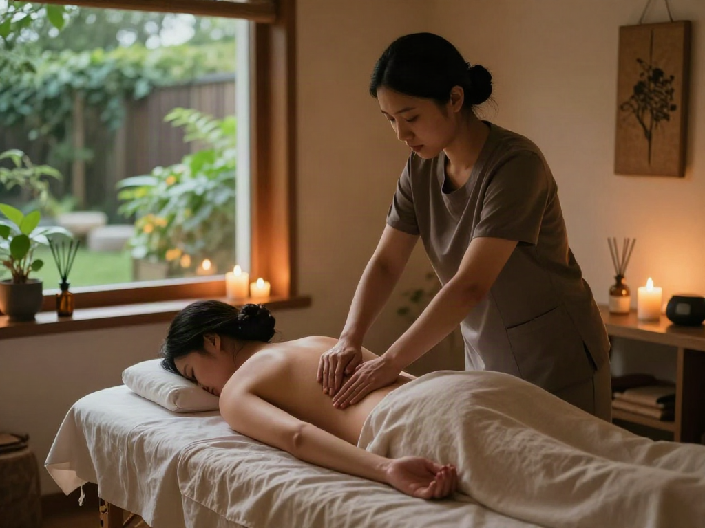 Tranquil 성남출장안마 therapy scene showcasing a peaceful wellness center with a therapist providing relaxation