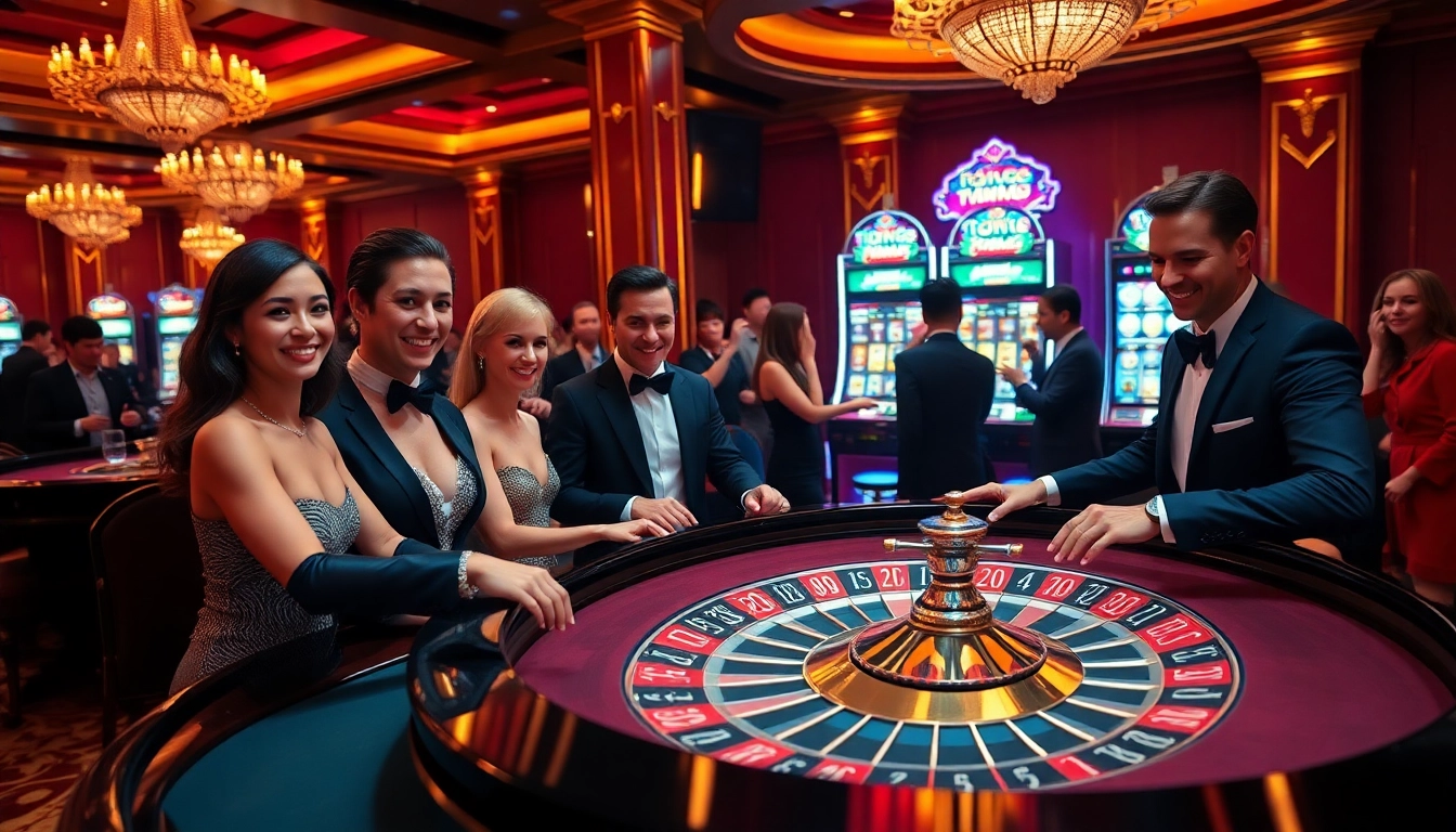 Experience the thrill of SV368 thomo with gamblers enjoying a classy roulette game in a luxurious casino setting.