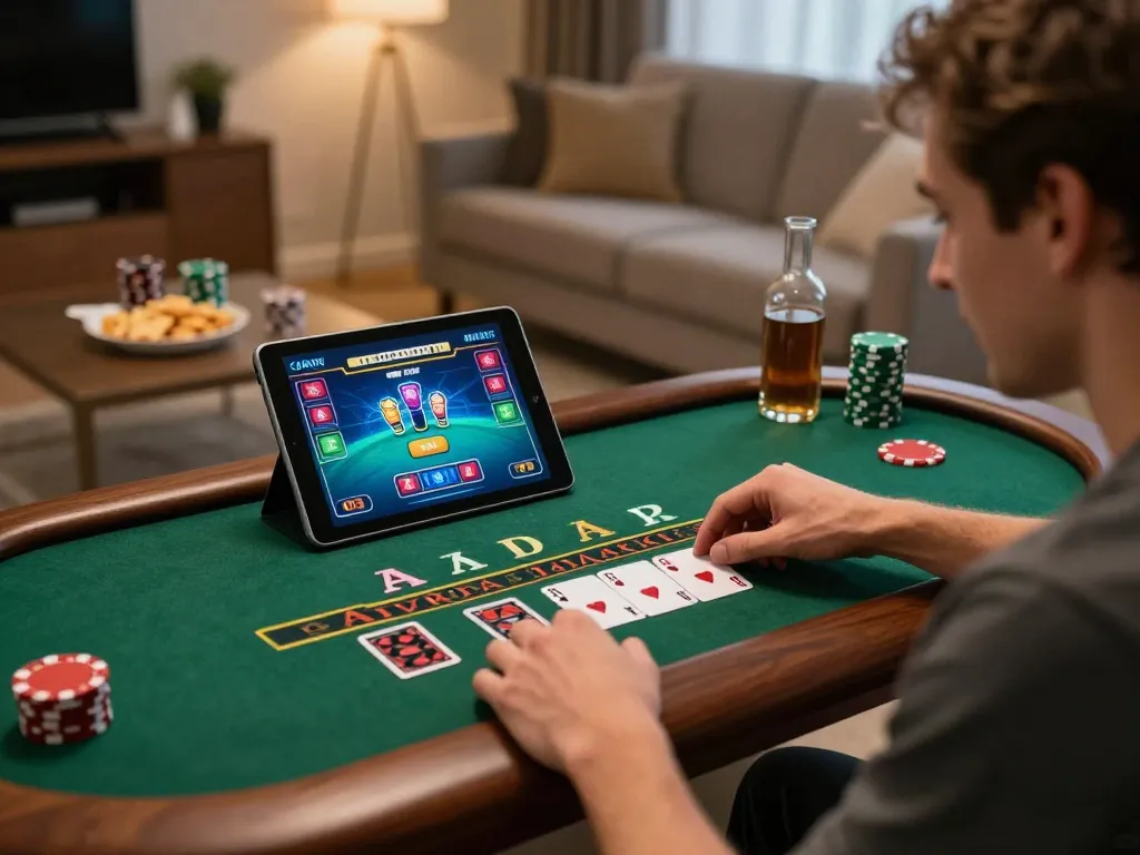 ok win player enjoying live dealer blackjack on tablet, capturing strategic moments in a cozy home setting